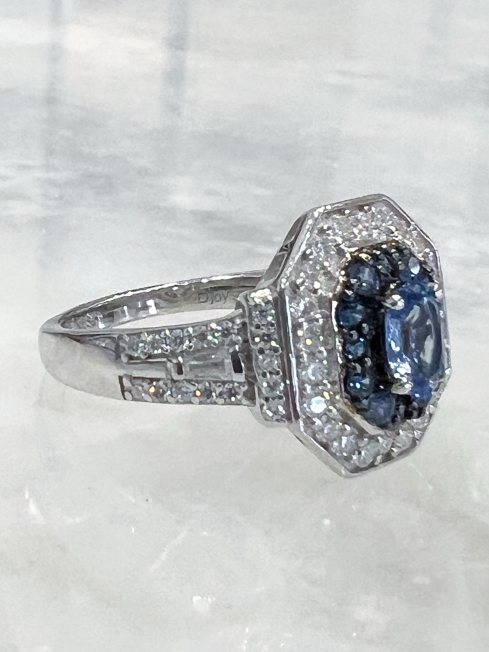 Ceylon Blue Sapphire &Moissanite Sterling Silver Double Halo Ring Sz 8 - Picture 6 of 12